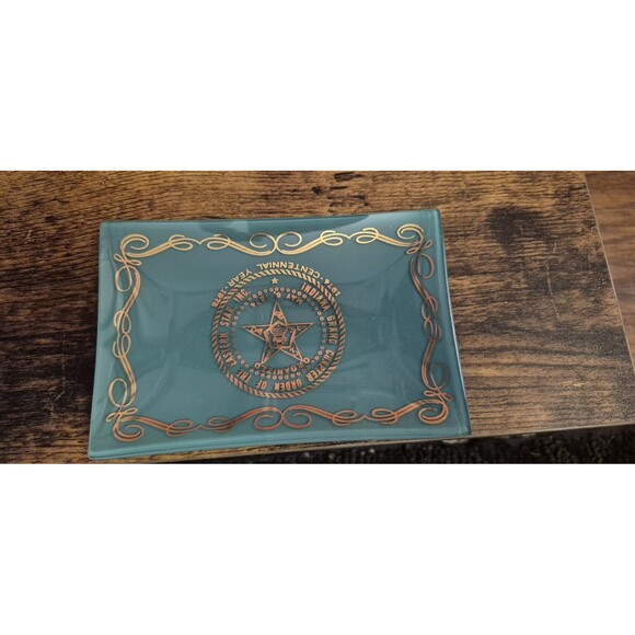 1974 Order Of The Eastern Star Green Glass Dish Tray Plate 6x4 Gold Writing EUC - Picture 1 of 2